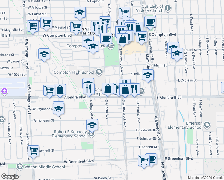 map of restaurants, bars, coffee shops, grocery stores, and more near 217 West Cocoa Street in Compton