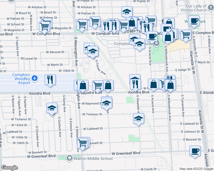 map of restaurants, bars, coffee shops, grocery stores, and more near 601 West Corregidor Street in Compton