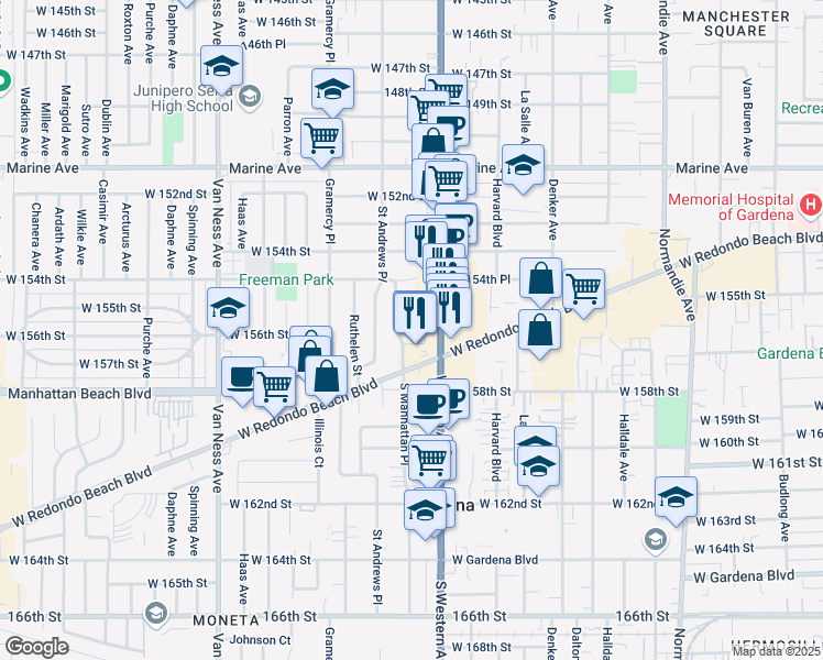map of restaurants, bars, coffee shops, grocery stores, and more near 15603 South Manhattan Place in Gardena