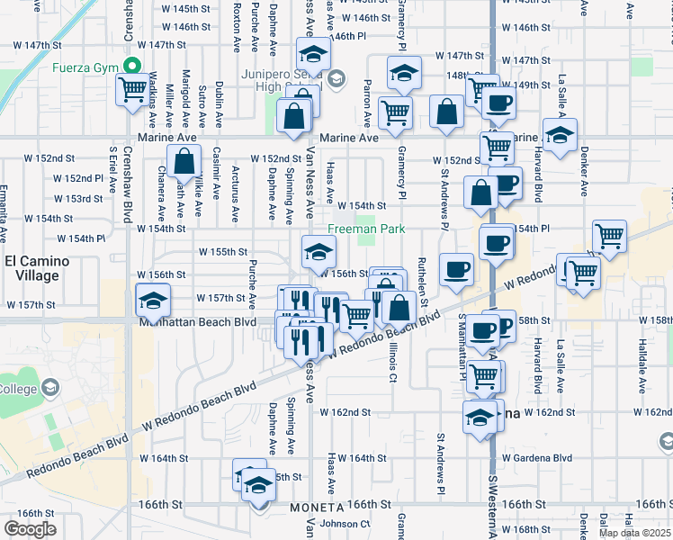 map of restaurants, bars, coffee shops, grocery stores, and more near 15515 Haas Avenue in Gardena