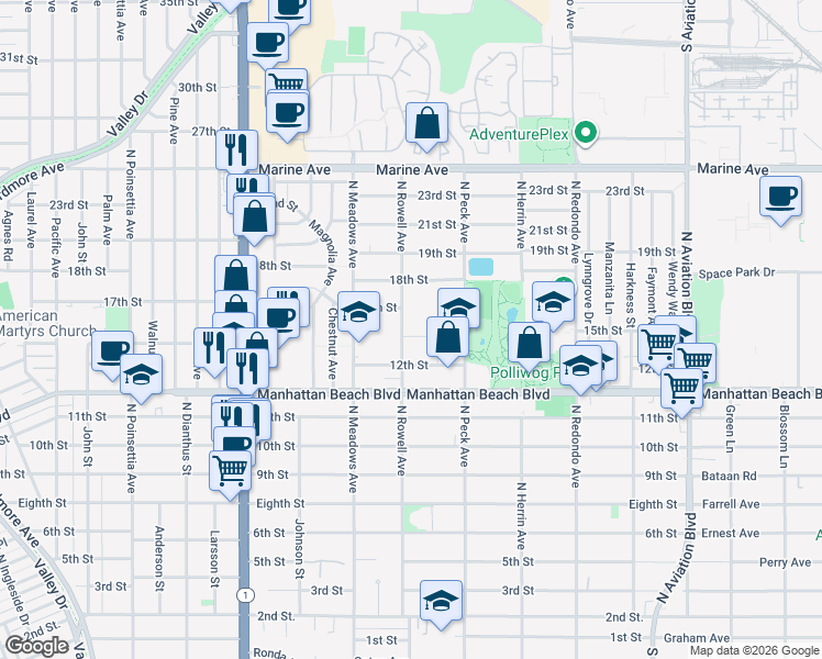 map of restaurants, bars, coffee shops, grocery stores, and more near 1421 15th Street in Manhattan Beach