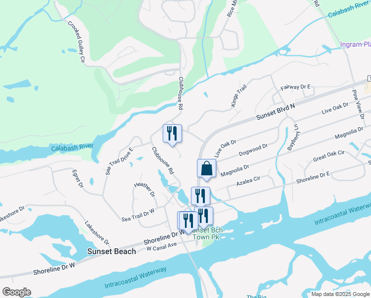 map of restaurants, bars, coffee shops, grocery stores, and more near 502 Sunset Boulevard North in Sunset Beach