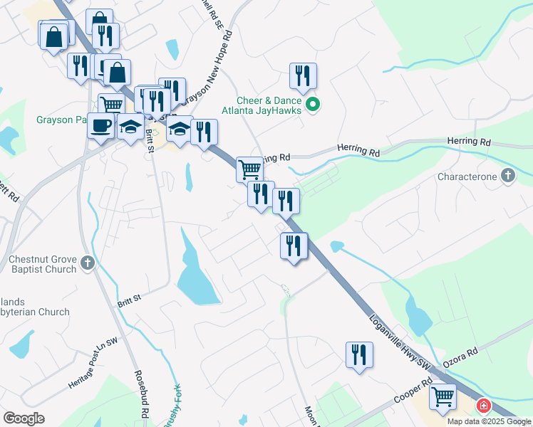 map of restaurants, bars, coffee shops, grocery stores, and more near 2327 Loganville Highway in Grayson