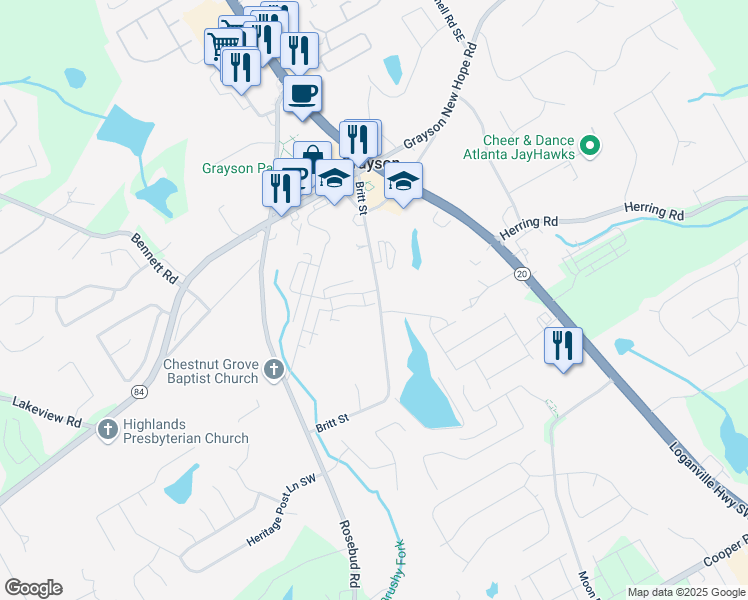 map of restaurants, bars, coffee shops, grocery stores, and more near 498 Trip Street in Grayson