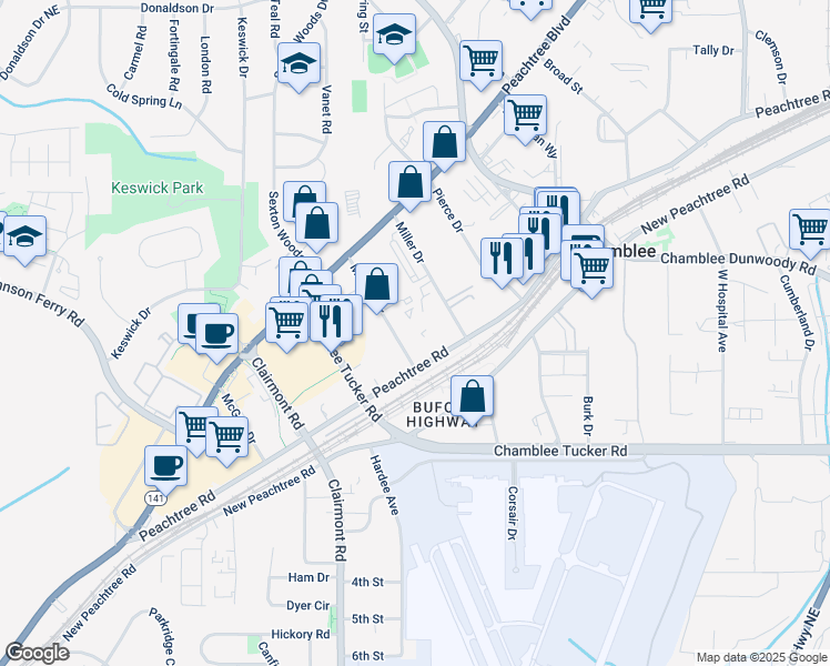 map of restaurants, bars, coffee shops, grocery stores, and more near 5256 Peachtree Road in Chamblee