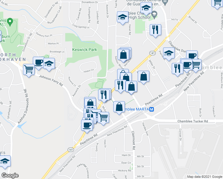 map of restaurants, bars, coffee shops, grocery stores, and more near 5126 Peachtree Boulevard in Chamblee