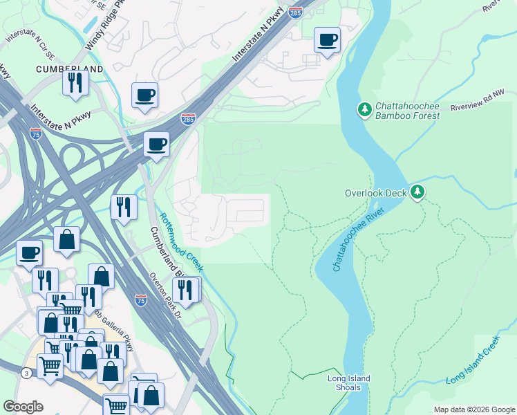 map of restaurants, bars, coffee shops, grocery stores, and more near 3543 Chattahoochee Summit Lane Southeast in Atlanta