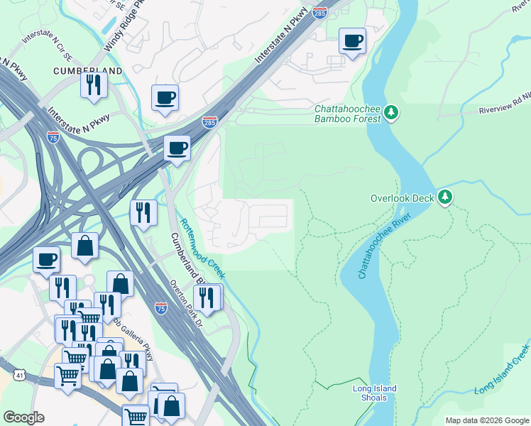 map of restaurants, bars, coffee shops, grocery stores, and more near 3543 Chattahoochee Summit Lane Southeast in Atlanta