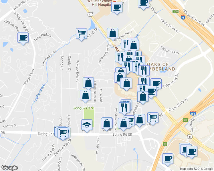 map of restaurants, bars, coffee shops, grocery stores, and more near 5110 Afton Way in Smyrna
