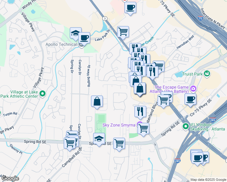map of restaurants, bars, coffee shops, grocery stores, and more near 5158 Afton Way in Smyrna