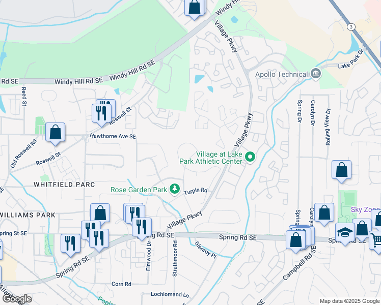 map of restaurants, bars, coffee shops, grocery stores, and more near 2610 Knoll Road Southeast in Smyrna