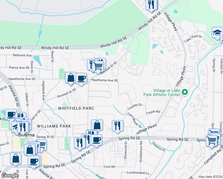 map of restaurants, bars, coffee shops, grocery stores, and more near 1471 Springleaf Circle Southeast in Smyrna