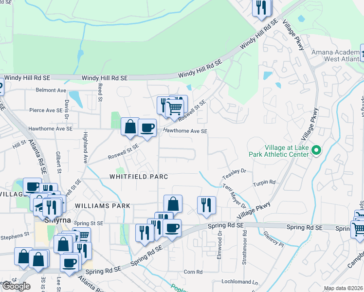 map of restaurants, bars, coffee shops, grocery stores, and more near 1431 Springleaf Circle Southeast in Smyrna
