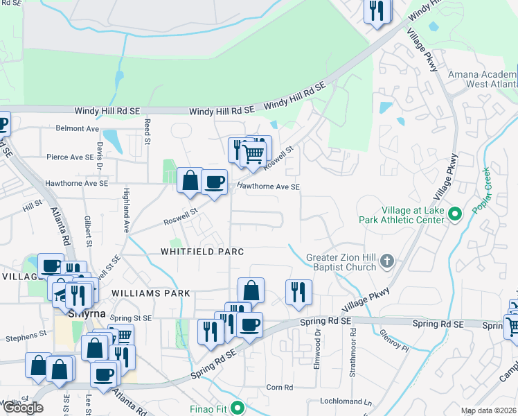 map of restaurants, bars, coffee shops, grocery stores, and more near 1431 Springleaf Circle Southeast in Smyrna