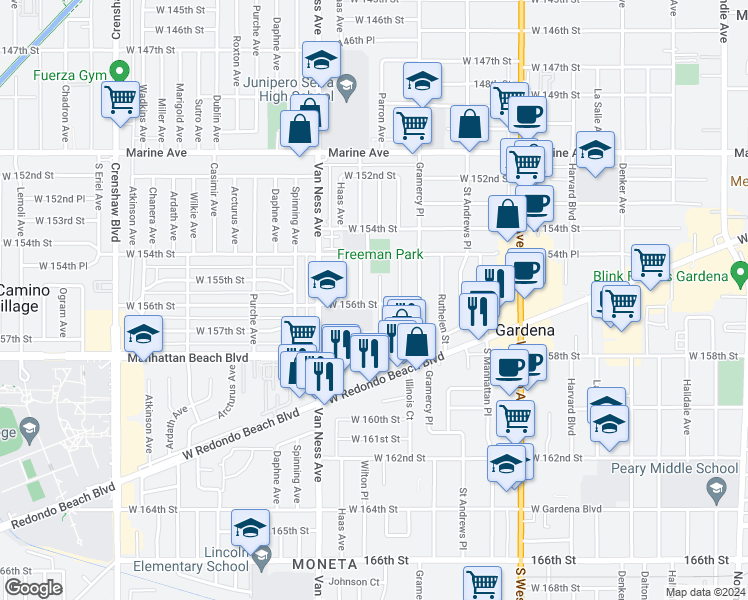 map of restaurants, bars, coffee shops, grocery stores, and more near 15519 Parron Avenue in Gardena