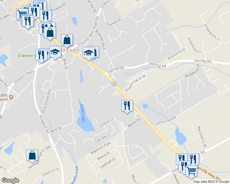 map of restaurants, bars, coffee shops, grocery stores, and more near 2327 Loganville Highway in Grayson