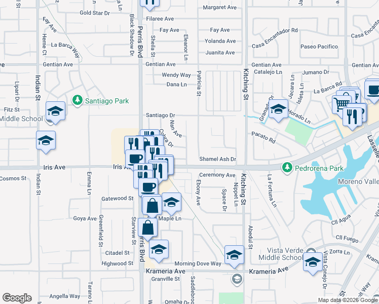 map of restaurants, bars, coffee shops, grocery stores, and more near 15930 Wedow Drive in Moreno Valley