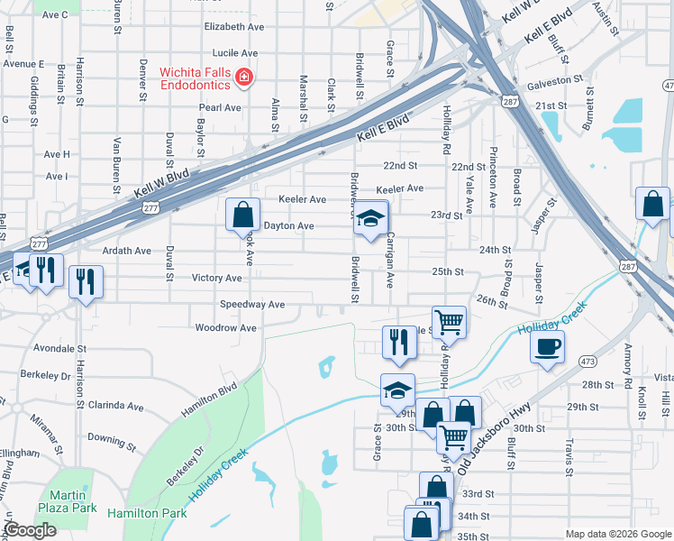 map of restaurants, bars, coffee shops, grocery stores, and more near 1634 Victory Avenue in Wichita Falls