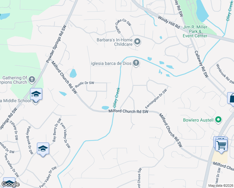 map of restaurants, bars, coffee shops, grocery stores, and more near 1601 Rustic Drive Southwest in Marietta