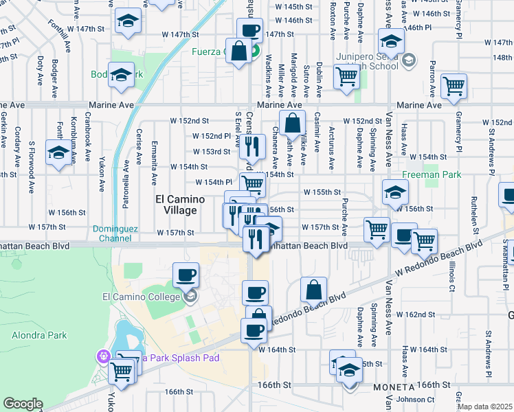 map of restaurants, bars, coffee shops, grocery stores, and more near 15530 Crenshaw Boulevard in Gardena