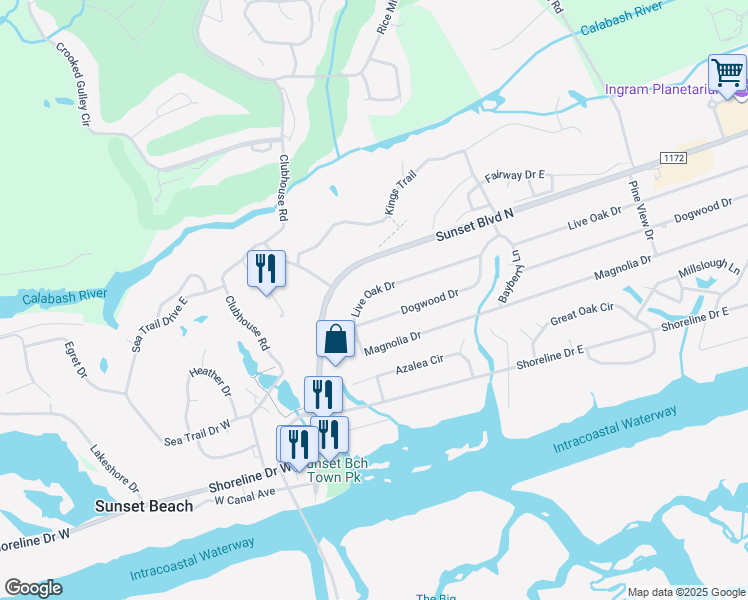 map of restaurants, bars, coffee shops, grocery stores, and more near 206 Live Oak Drive in Sunset Beach