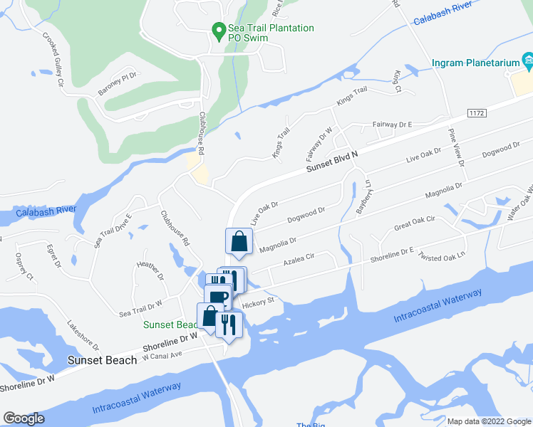 map of restaurants, bars, coffee shops, grocery stores, and more near 206 Live Oak Drive in Sunset Beach