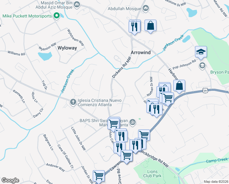 map of restaurants, bars, coffee shops, grocery stores, and more near 5480 Chuzzlewit Ct NW in Lilburn
