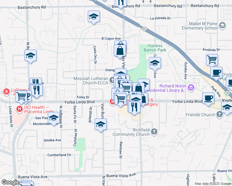 map of restaurants, bars, coffee shops, grocery stores, and more near 4930 Liverpool Street in Yorba Linda