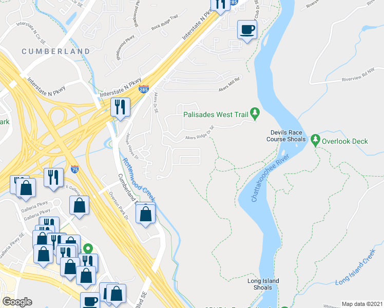 map of restaurants, bars, coffee shops, grocery stores, and more near 3545 Chattahoochee Summit Lane Southeast in Atlanta