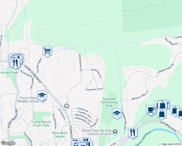map of restaurants, bars, coffee shops, grocery stores, and more near 21845 Balantree Circle in Yorba Linda