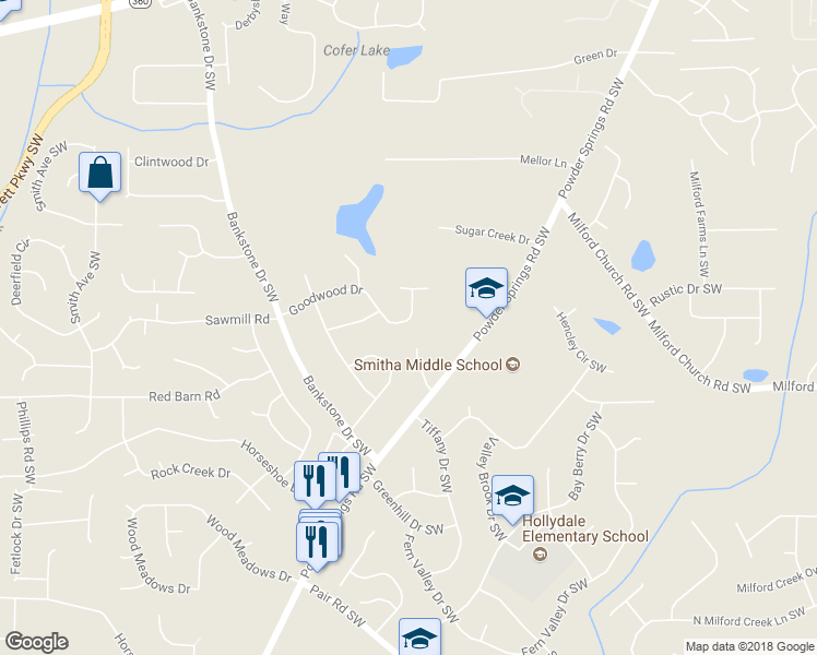 map of restaurants, bars, coffee shops, grocery stores, and more near 2319 Goodwood Drive in Marietta