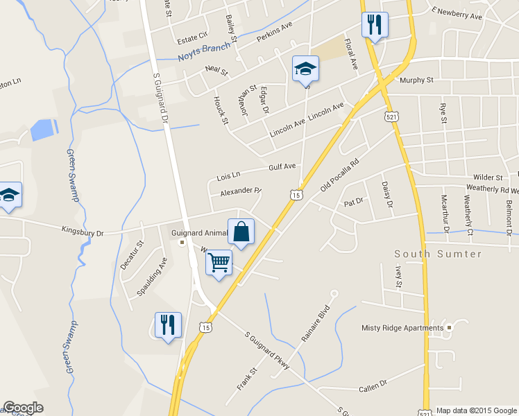 map of restaurants, bars, coffee shops, grocery stores, and more near 215 Kingsbury Drive in Sumter