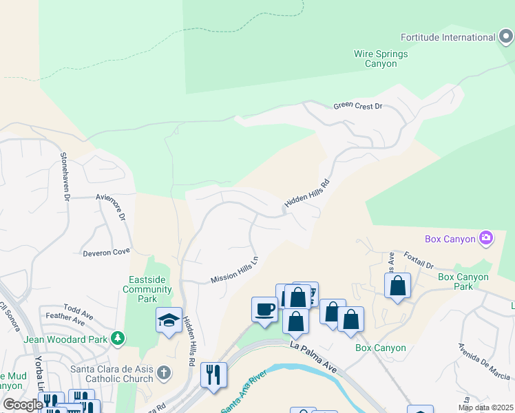 map of restaurants, bars, coffee shops, grocery stores, and more near 22490 Rolling Hills Lane in Yorba Linda