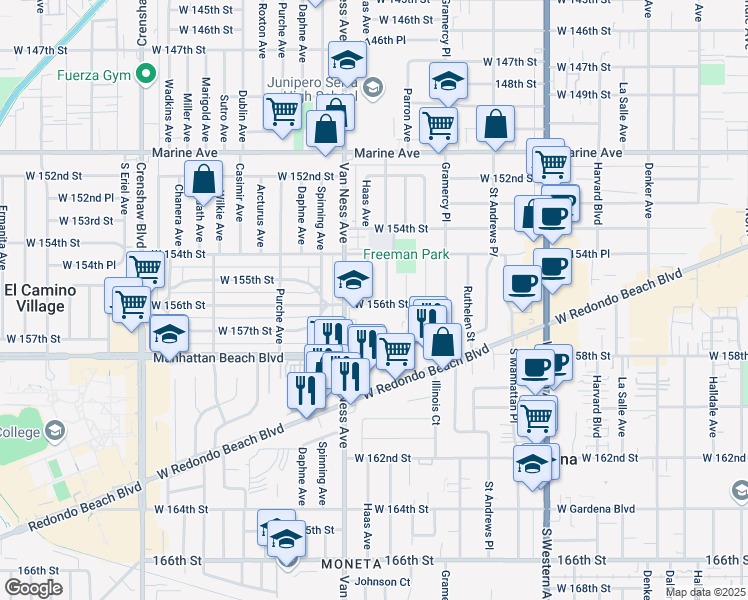 map of restaurants, bars, coffee shops, grocery stores, and more near 15515 Haas Avenue in Gardena