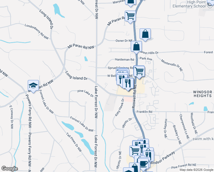 map of restaurants, bars, coffee shops, grocery stores, and more near 335 Fountain Oaks Lane in Atlanta