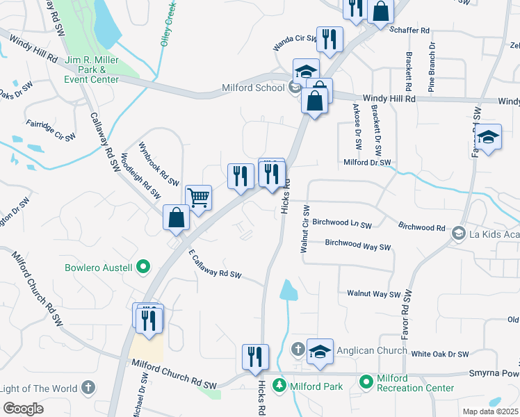 map of restaurants, bars, coffee shops, grocery stores, and more near Whittington Parkway in Marietta