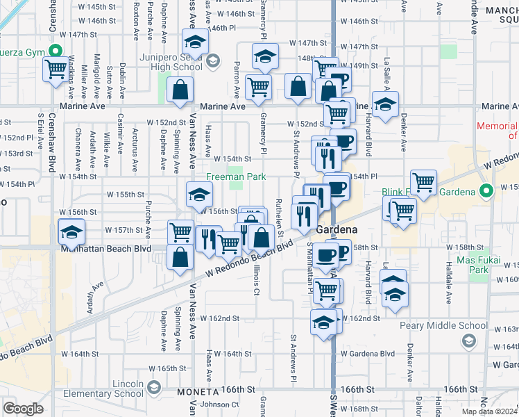map of restaurants, bars, coffee shops, grocery stores, and more near 15519 Gramercy Place in Gardena