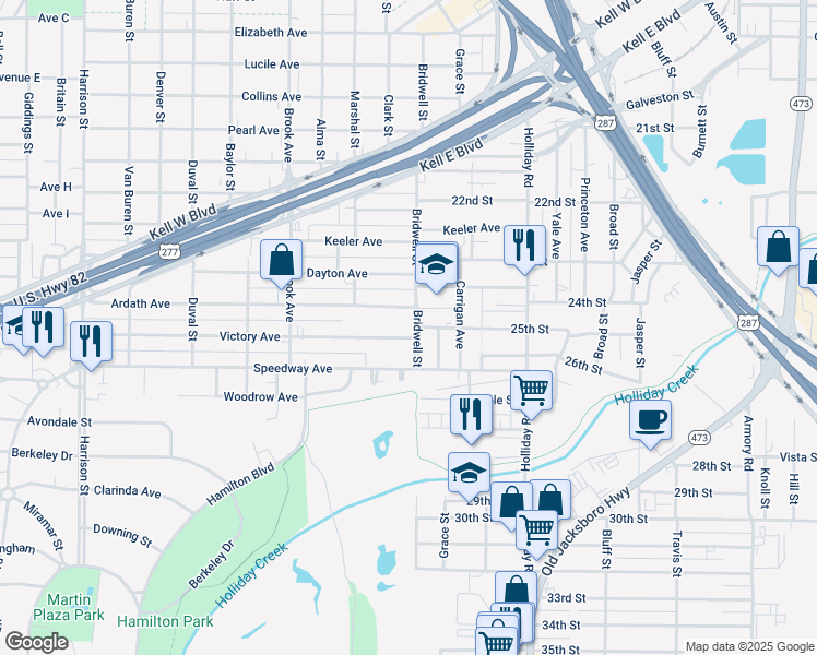 map of restaurants, bars, coffee shops, grocery stores, and more near 2406 Bridwell Street in Wichita Falls