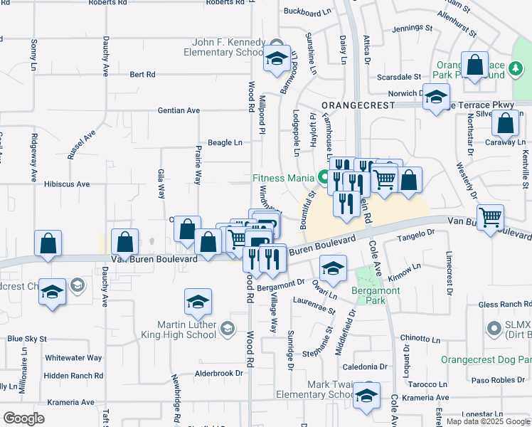 map of restaurants, bars, coffee shops, grocery stores, and more near 8803 Windmill Place in Riverside