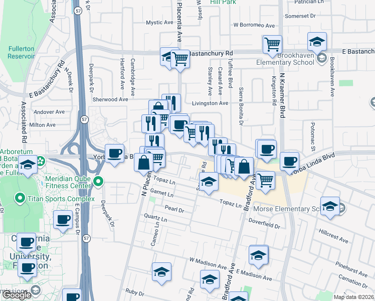 map of restaurants, bars, coffee shops, grocery stores, and more near 3105 Yorba Linda Blvd in Fullerton