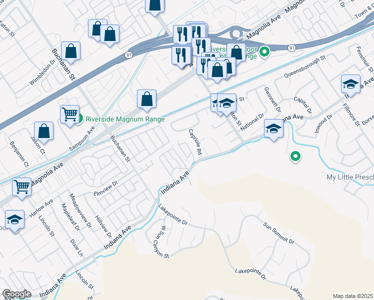 map of restaurants, bars, coffee shops, grocery stores, and more near 12101 Indiana Avenue in Riverside