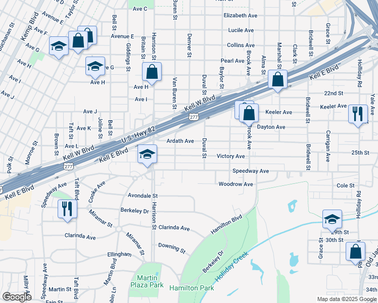 map of restaurants, bars, coffee shops, grocery stores, and more near 1922 Victory Avenue in Wichita Falls