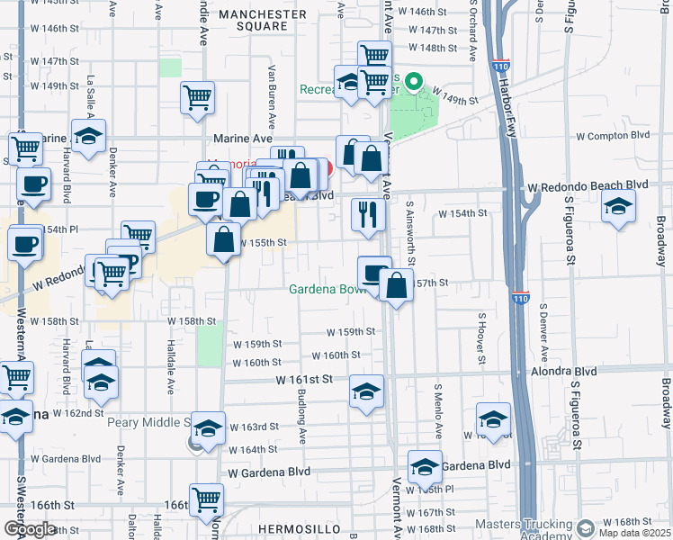 map of restaurants, bars, coffee shops, grocery stores, and more near 15609 Berendo Avenue in Gardena