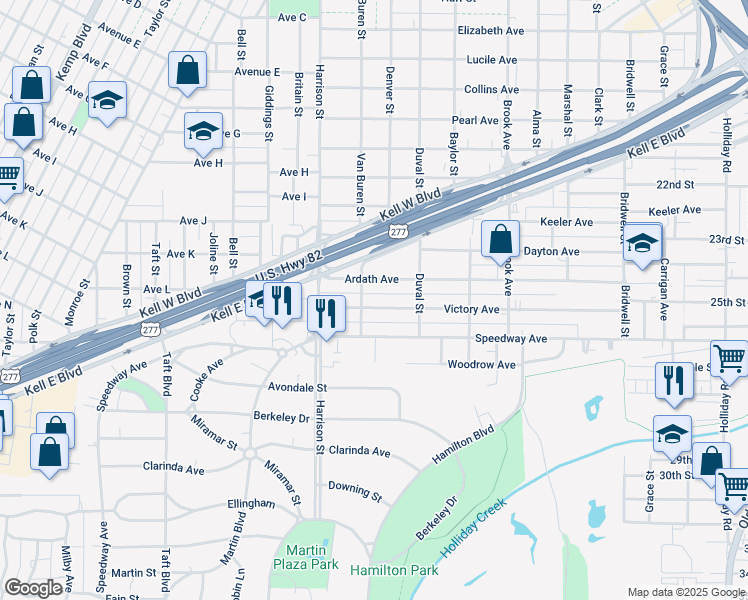 map of restaurants, bars, coffee shops, grocery stores, and more near 1922 Victory Avenue in Wichita Falls