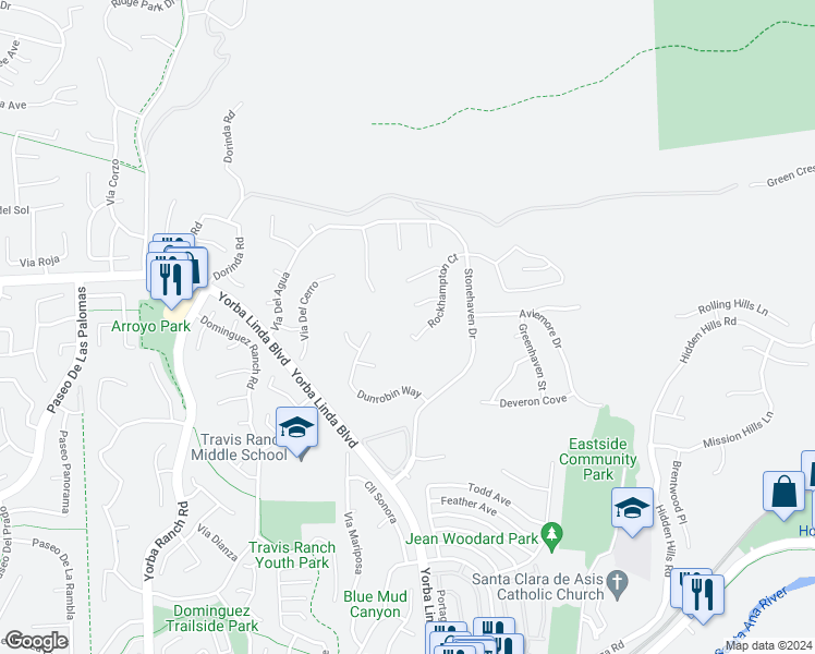 map of restaurants, bars, coffee shops, grocery stores, and more near 5095 Rockhampton Court in Yorba Linda