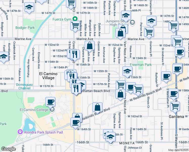 map of restaurants, bars, coffee shops, grocery stores, and more near 2633 West 156th Street in Gardena