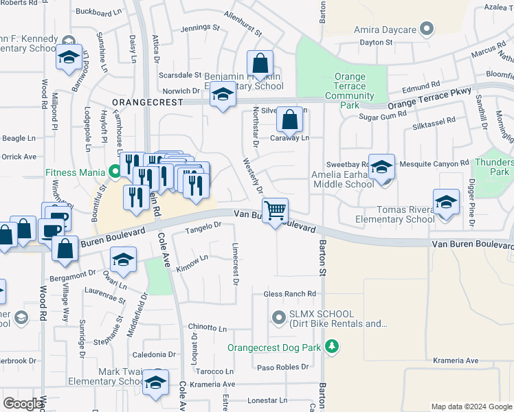 map of restaurants, bars, coffee shops, grocery stores, and more near 19797 Mount Wasatch Drive in Riverside