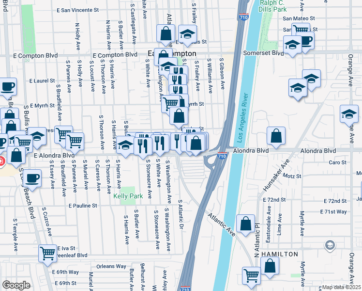 map of restaurants, bars, coffee shops, grocery stores, and more near 15812 Atlantic Avenue in Compton