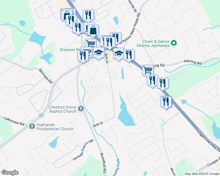 map of restaurants, bars, coffee shops, grocery stores, and more near 498 Trip Street in Grayson