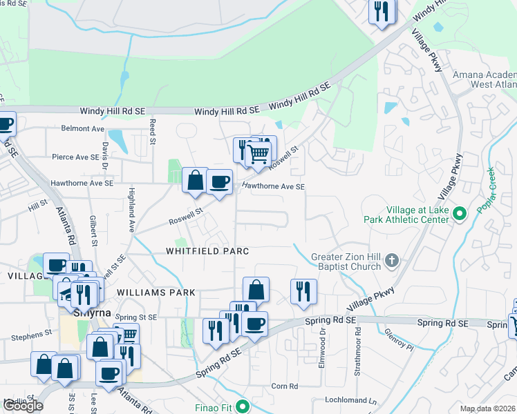 map of restaurants, bars, coffee shops, grocery stores, and more near 1431 Springleaf Circle Southeast in Smyrna